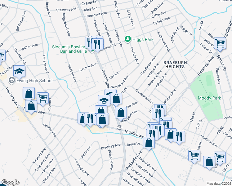 map of restaurants, bars, coffee shops, grocery stores, and more near 6-8 Braeburn Drive in Ewing Township