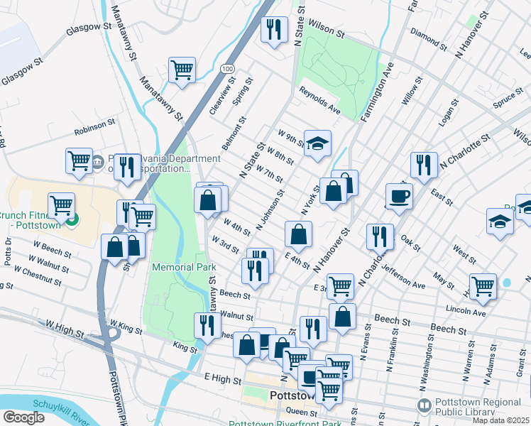 map of restaurants, bars, coffee shops, grocery stores, and more near 1 West 5th Street in Pottstown