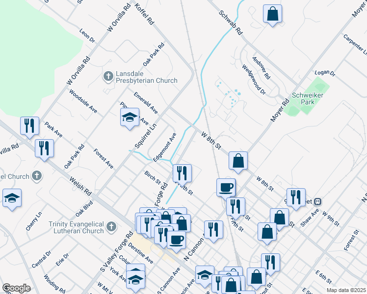 map of restaurants, bars, coffee shops, grocery stores, and more near 618 North Valley Forge Road in Lansdale