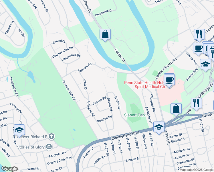 map of restaurants, bars, coffee shops, grocery stores, and more near 615 Devon Road in Camp Hill