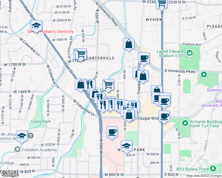 map of restaurants, bars, coffee shops, grocery stores, and more near 1460 Moon River Drive in Provo