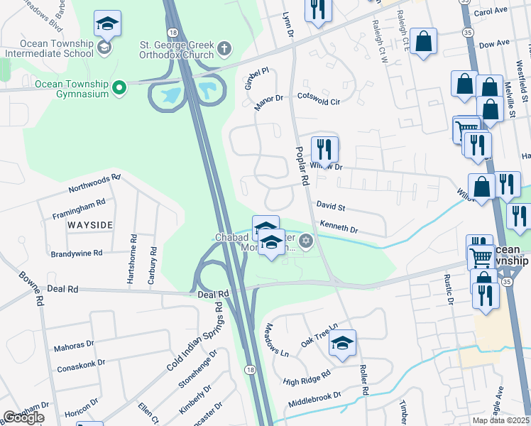 map of restaurants, bars, coffee shops, grocery stores, and more near 25 Rawson Circle in Monmouth County