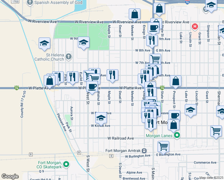 map of restaurants, bars, coffee shops, grocery stores, and more near 550 Maple Street in Fort Morgan