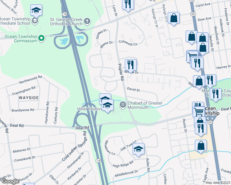 map of restaurants, bars, coffee shops, grocery stores, and more near 51 Rawson Circle in Monmouth County