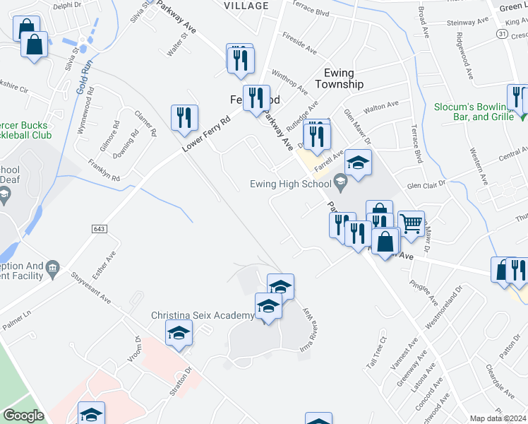 map of restaurants, bars, coffee shops, grocery stores, and more near 123 West Farrell Avenue in Ewing Township