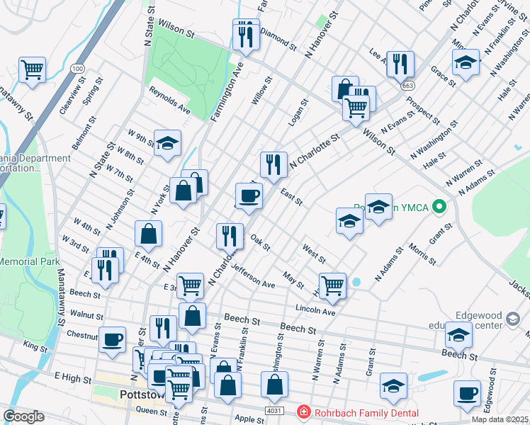 map of restaurants, bars, coffee shops, grocery stores, and more near 520 North Charlotte Street in Pottstown