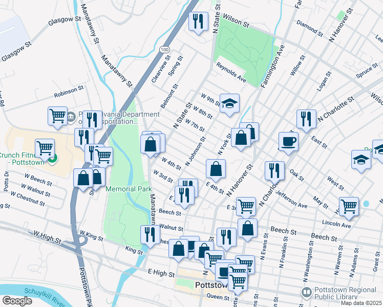 map of restaurants, bars, coffee shops, grocery stores, and more near 412 North Johnson Street in Pottstown