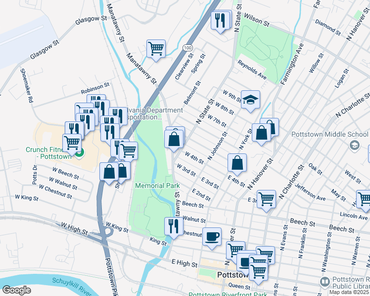 map of restaurants, bars, coffee shops, grocery stores, and more near 61 West 4th Street in Pottstown