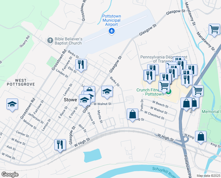 map of restaurants, bars, coffee shops, grocery stores, and more near 447 Elm Street in Pottstown