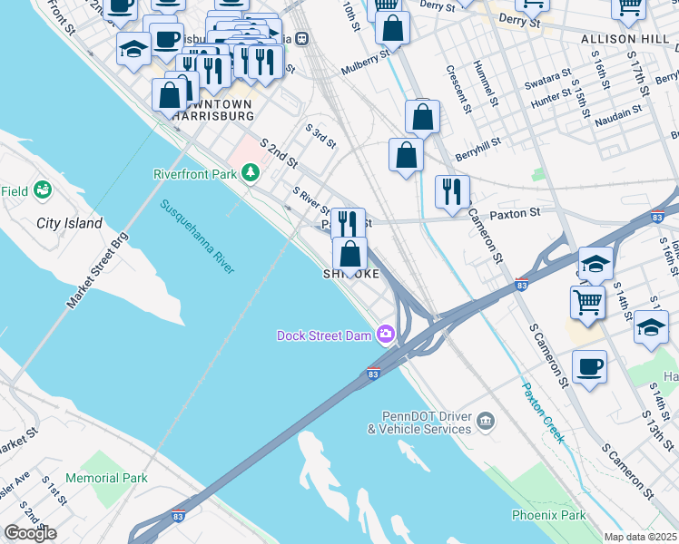 map of restaurants, bars, coffee shops, grocery stores, and more near 563 South Front Street in Harrisburg
