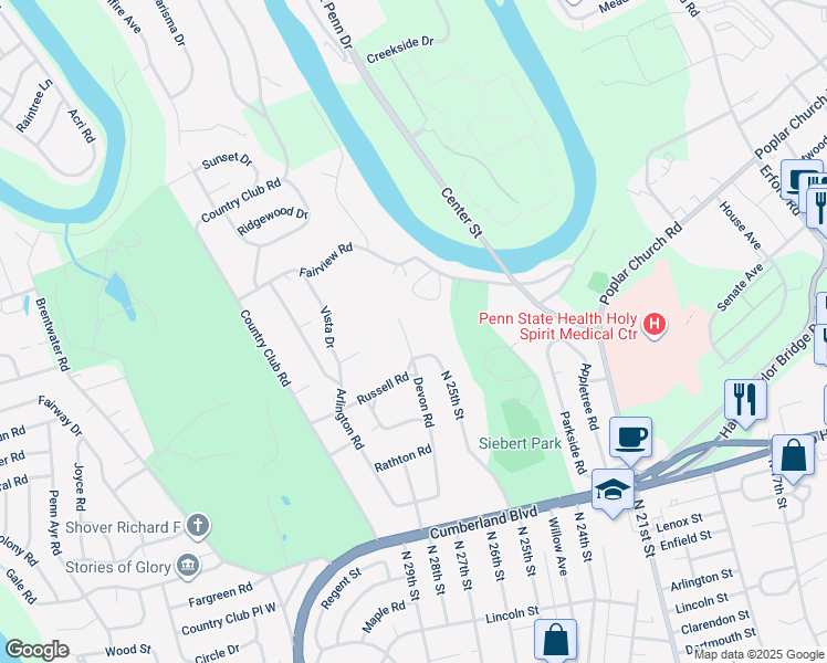 map of restaurants, bars, coffee shops, grocery stores, and more near 615 Devon Road in Camp Hill
