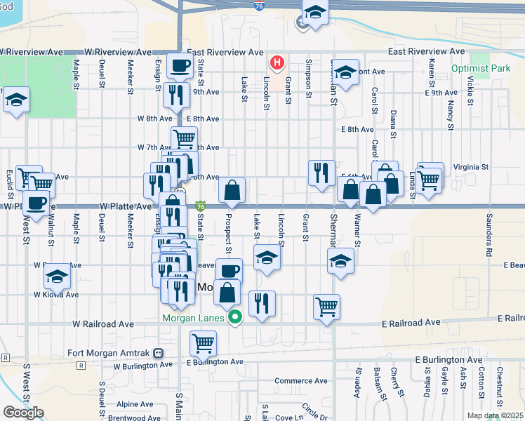 map of restaurants, bars, coffee shops, grocery stores, and more near 530 Lake Street in Fort Morgan