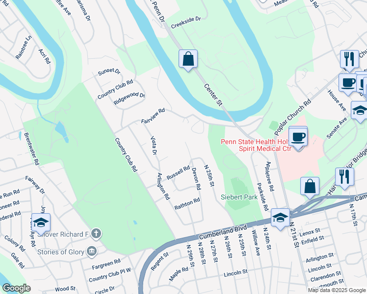 map of restaurants, bars, coffee shops, grocery stores, and more near 624 Devon Rd in Camp Hill