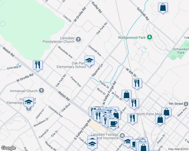 map of restaurants, bars, coffee shops, grocery stores, and more near 511 Squirrel Lane in Lansdale