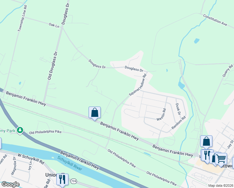 map of restaurants, bars, coffee shops, grocery stores, and more near 126 Squirrel Hollow Road in Douglassville