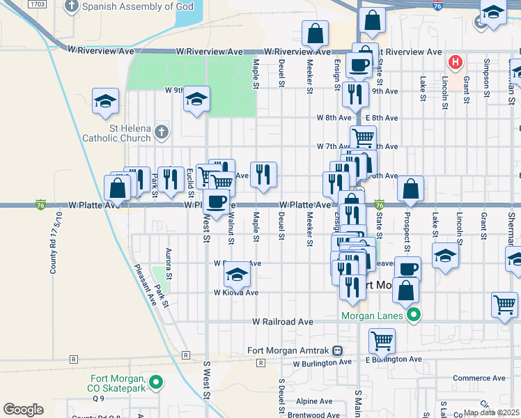 map of restaurants, bars, coffee shops, grocery stores, and more near 550 Maple Street in Fort Morgan