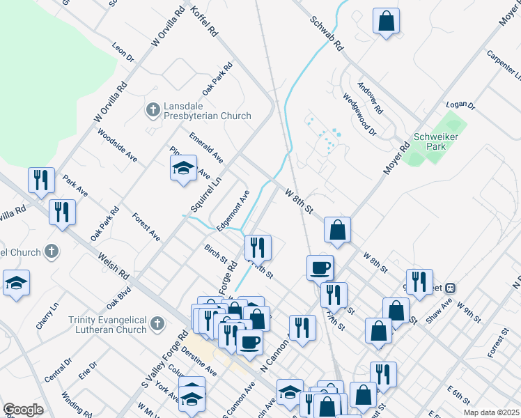 map of restaurants, bars, coffee shops, grocery stores, and more near 620 North Valley Forge Road in Lansdale