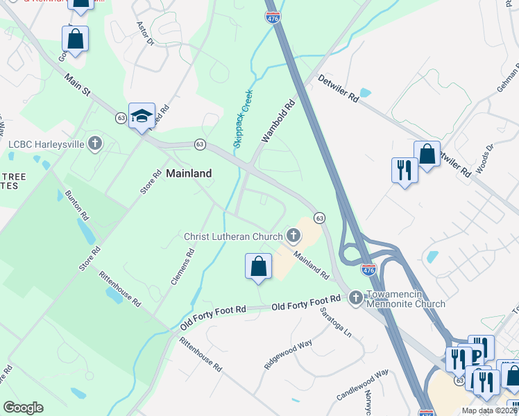 map of restaurants, bars, coffee shops, grocery stores, and more near 110 Lenape Court in Harleysville