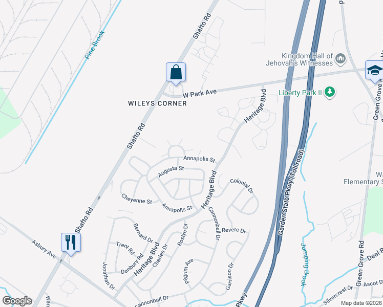 map of restaurants, bars, coffee shops, grocery stores, and more near 5 Nashville Court in Tinton Falls