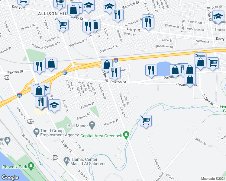 map of restaurants, bars, coffee shops, grocery stores, and more near 1101 South 19th Street in Harrisburg
