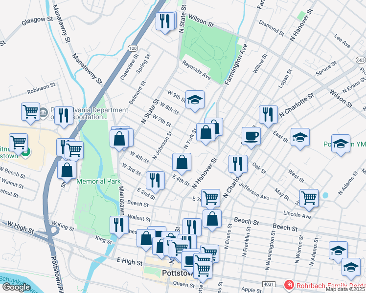 map of restaurants, bars, coffee shops, grocery stores, and more near 35 East 6th Street in Pottstown