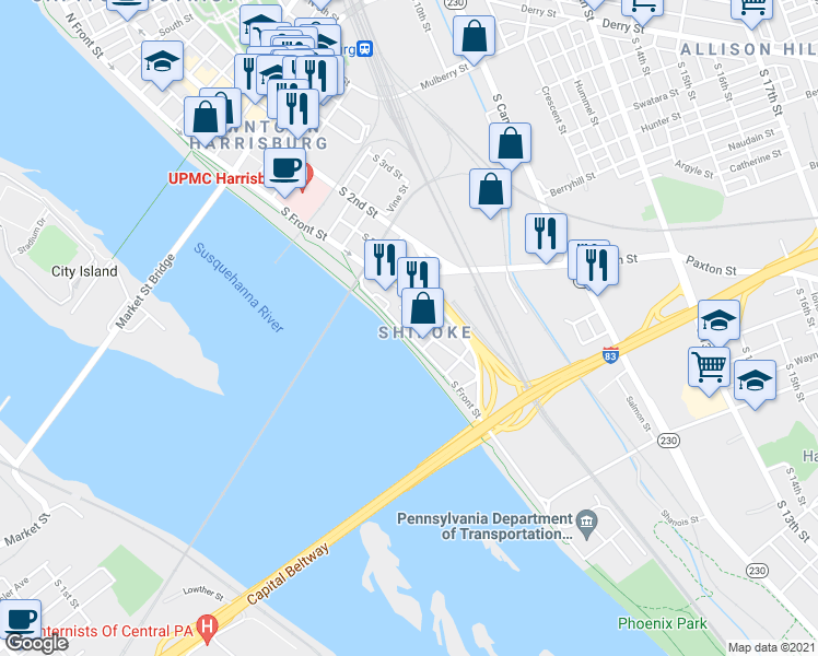 map of restaurants, bars, coffee shops, grocery stores, and more near 563 South Front Street in Harrisburg