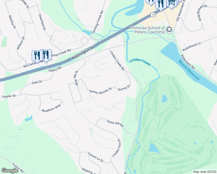 map of restaurants, bars, coffee shops, grocery stores, and more near 1061 Surrey Woods Drive in Canonsburg
