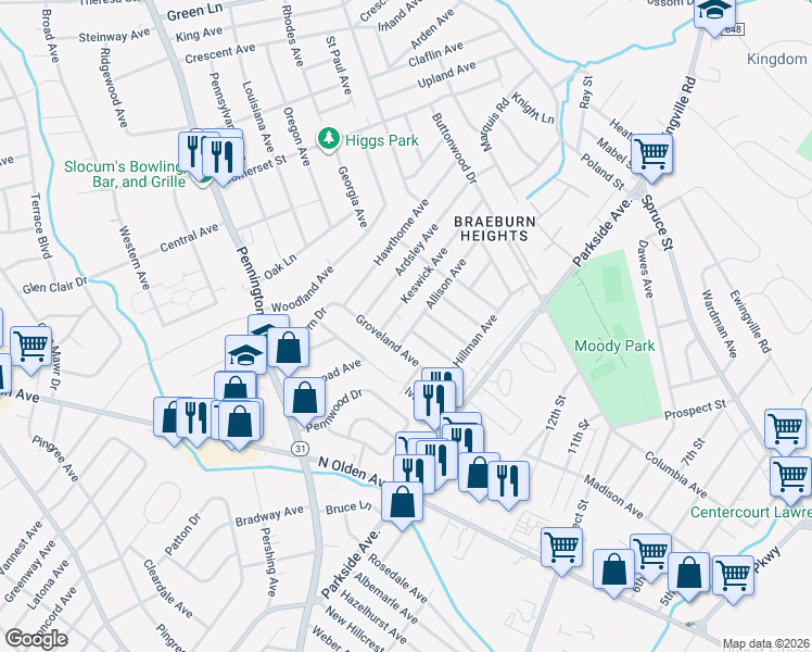 map of restaurants, bars, coffee shops, grocery stores, and more near 14 Allison Avenue in Ewing Township