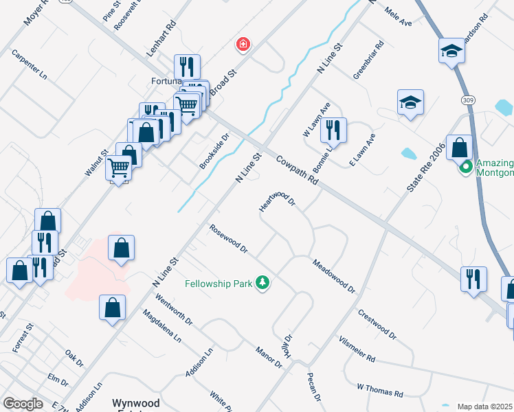 map of restaurants, bars, coffee shops, grocery stores, and more near 130 Heartwood Drive in Lansdale