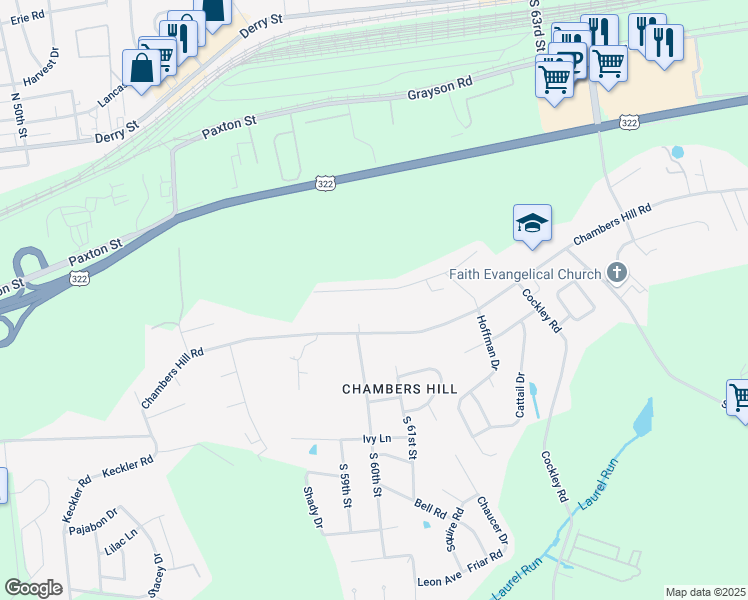 map of restaurants, bars, coffee shops, grocery stores, and more near 6111 Hocker Dr in Harrisburg