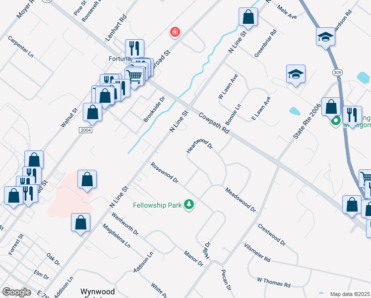 map of restaurants, bars, coffee shops, grocery stores, and more near 130 Heartwood Drive in Lansdale