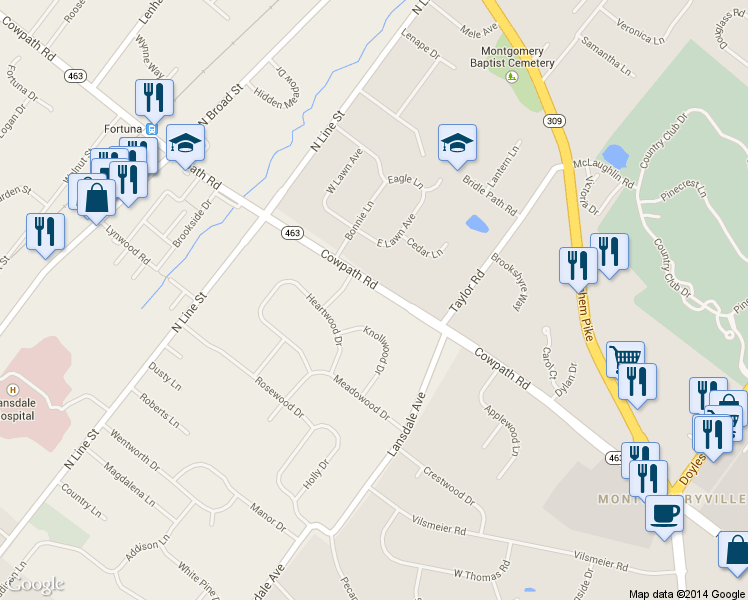 map of restaurants, bars, coffee shops, grocery stores, and more near 408 Cowpath Road in Lansdale