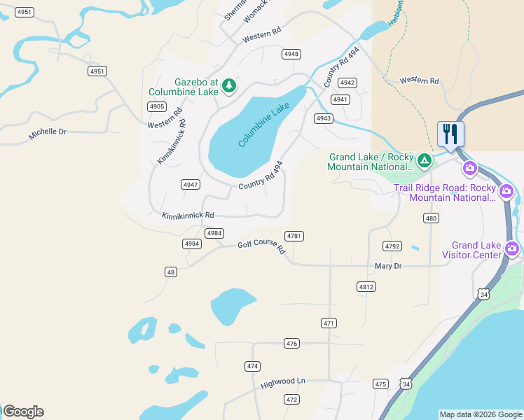 map of restaurants, bars, coffee shops, grocery stores, and more near 711 County Road 4980 in Grand Lake