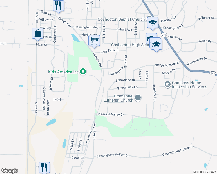 map of restaurants, bars, coffee shops, grocery stores, and more near 1312 Arrowhead Drive in Coshocton