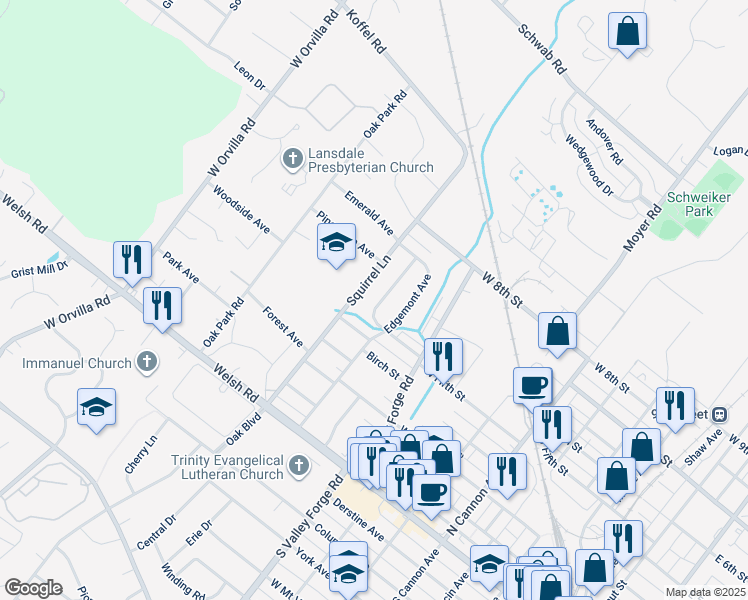 map of restaurants, bars, coffee shops, grocery stores, and more near 516 Poplar Street in Lansdale