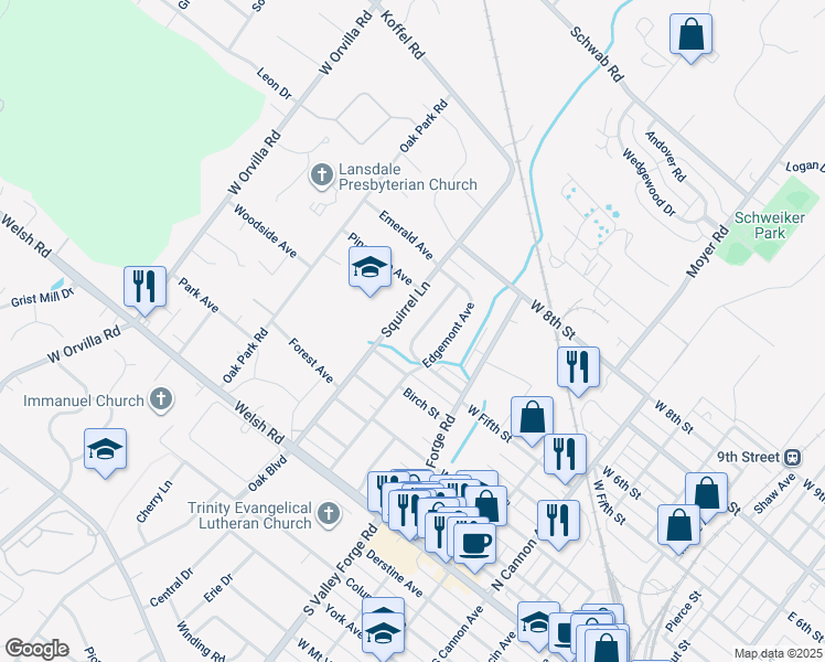 map of restaurants, bars, coffee shops, grocery stores, and more near 516 Poplar Street in Lansdale