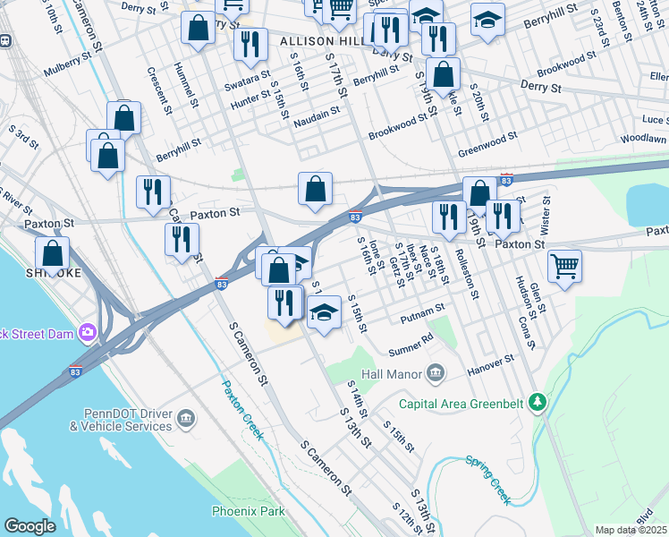 map of restaurants, bars, coffee shops, grocery stores, and more near 1419 Randolph Street in Harrisburg