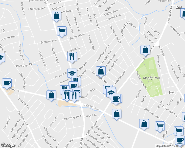 map of restaurants, bars, coffee shops, grocery stores, and more near 61 Groveland Avenue in Ewing Township