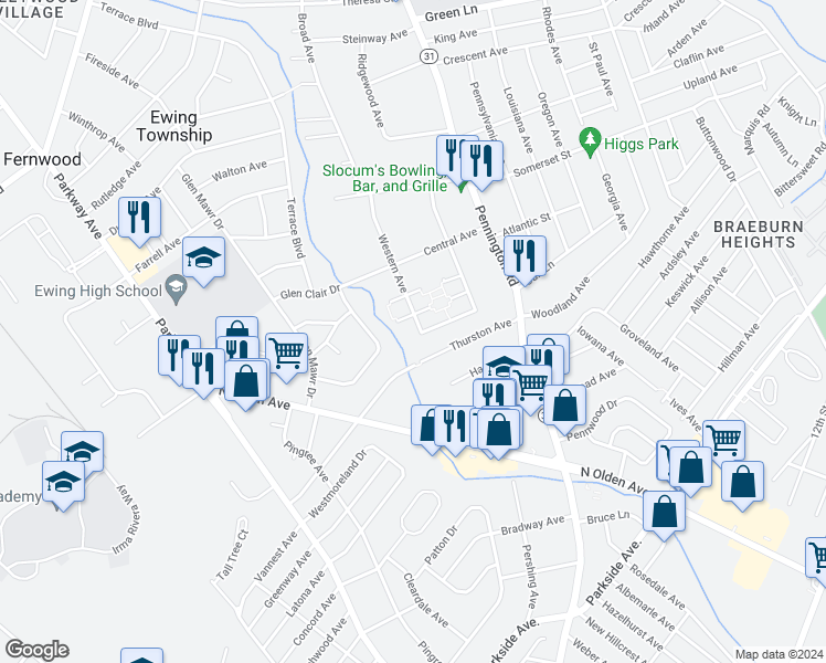 map of restaurants, bars, coffee shops, grocery stores, and more near 33 Western Avenue in Ewing Township