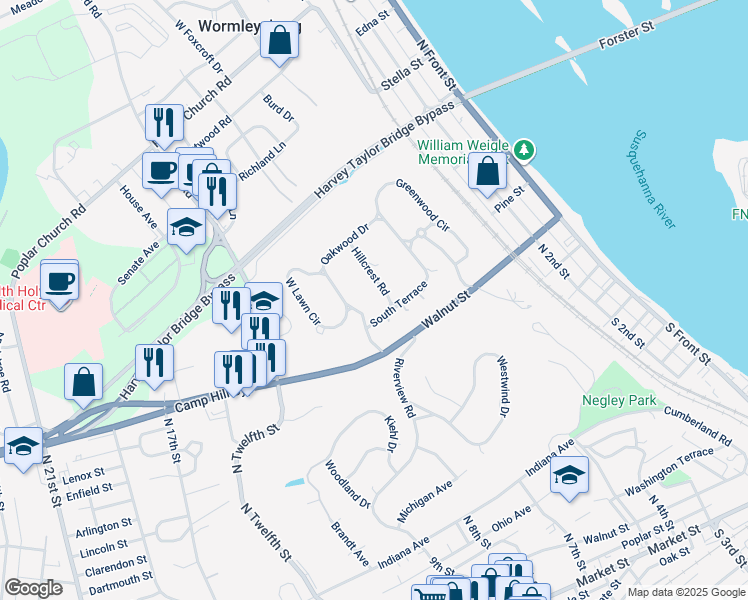 map of restaurants, bars, coffee shops, grocery stores, and more near 37 Hillcrest Road in Wormleysburg