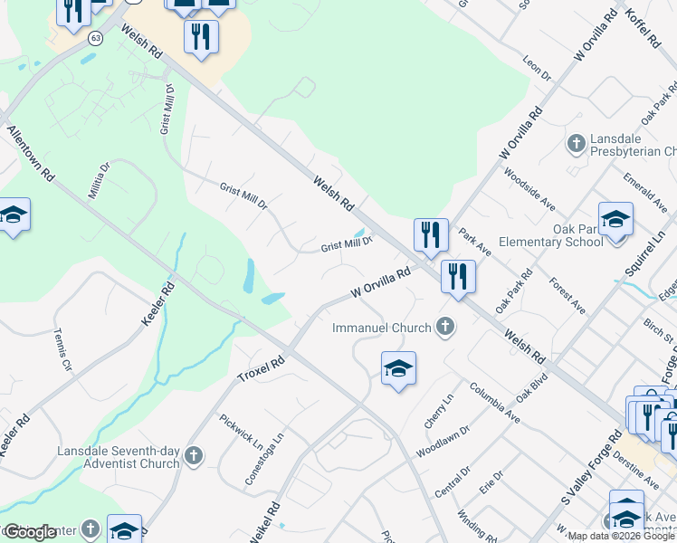 map of restaurants, bars, coffee shops, grocery stores, and more near 408 Shipwrighter Way in Lansdale