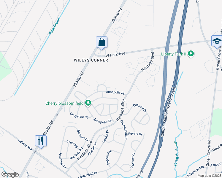 map of restaurants, bars, coffee shops, grocery stores, and more near 5 Nashville Court in Tinton Falls