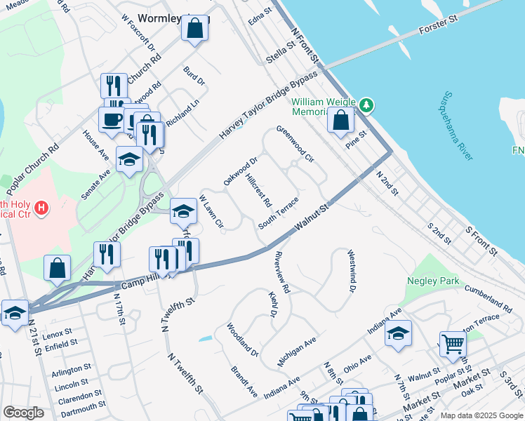 map of restaurants, bars, coffee shops, grocery stores, and more near 37 Hillcrest Road in Wormleysburg