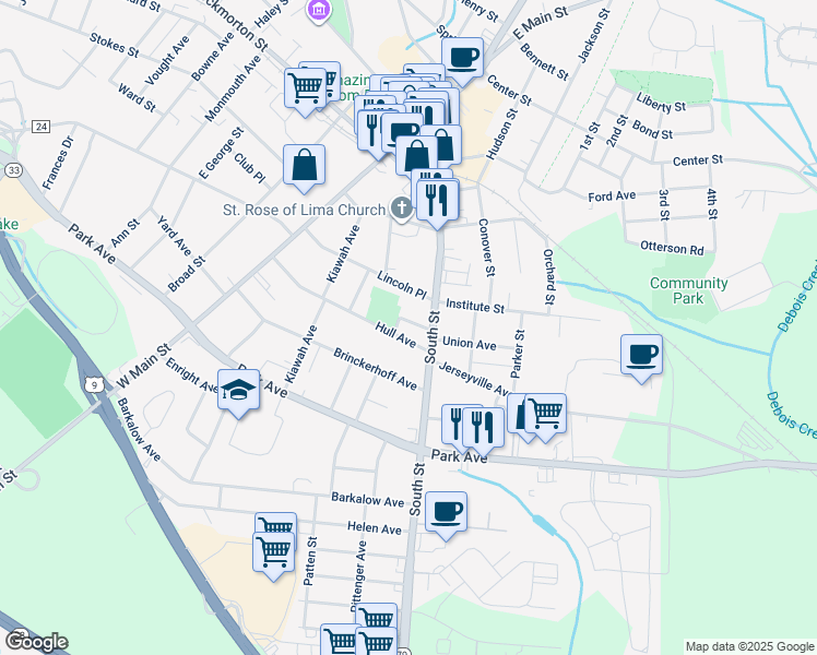 map of restaurants, bars, coffee shops, grocery stores, and more near 21 Hull Avenue in Freehold