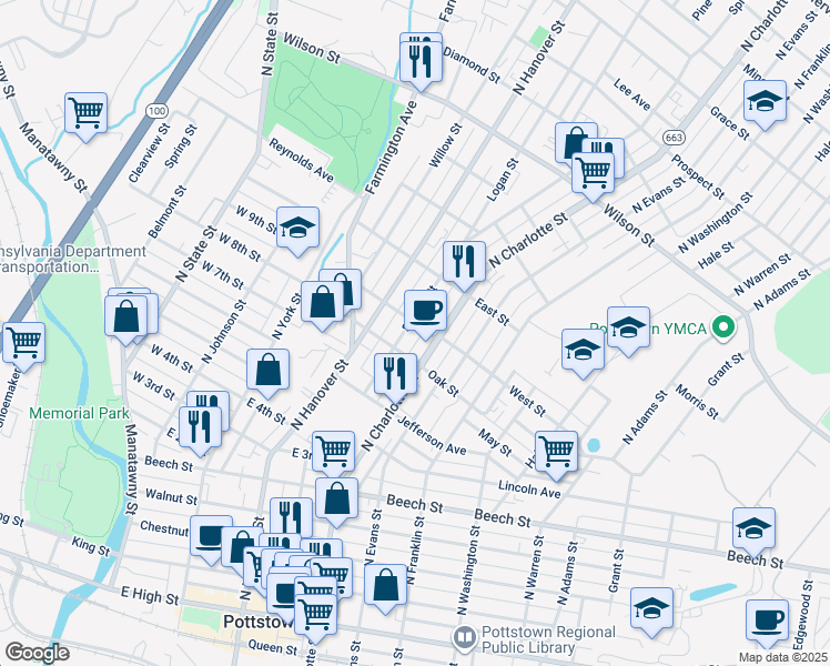 map of restaurants, bars, coffee shops, grocery stores, and more near 478 Spruce Street in Pottstown