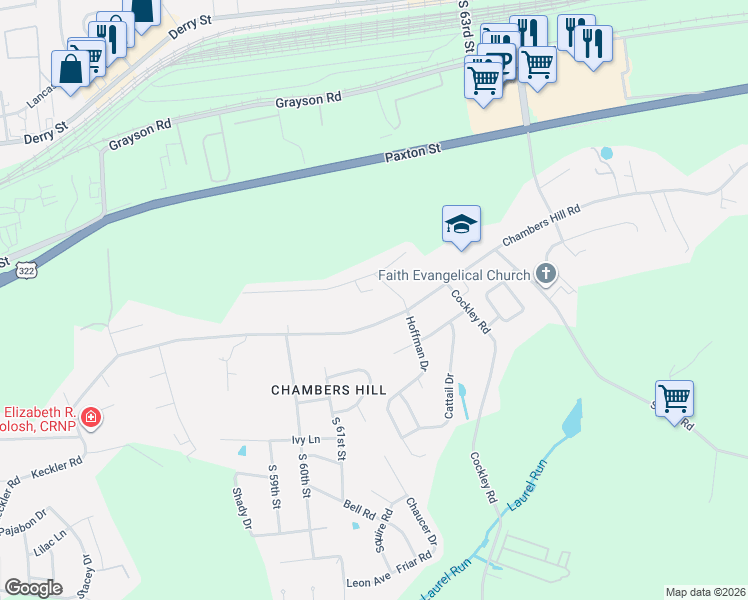 map of restaurants, bars, coffee shops, grocery stores, and more near 6175 Hocker Drive in Harrisburg