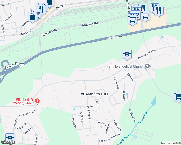 map of restaurants, bars, coffee shops, grocery stores, and more near 6111 Hocker Drive in Harrisburg