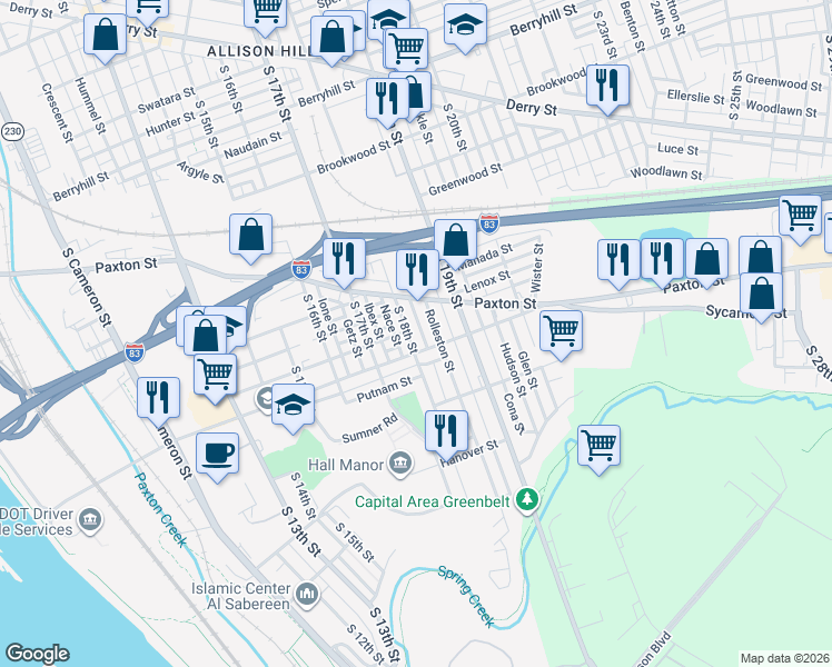 map of restaurants, bars, coffee shops, grocery stores, and more near 1724 Wayne Street in Harrisburg