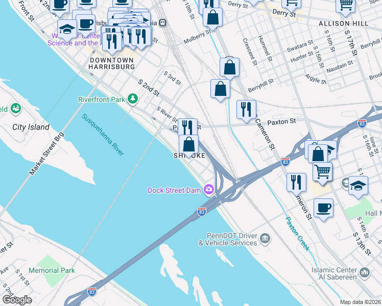 map of restaurants, bars, coffee shops, grocery stores, and more near in Harrisburg