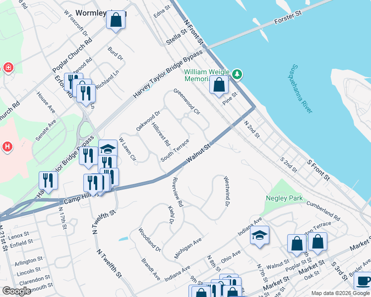 map of restaurants, bars, coffee shops, grocery stores, and more near 59 South Terrace Road in Wormleysburg